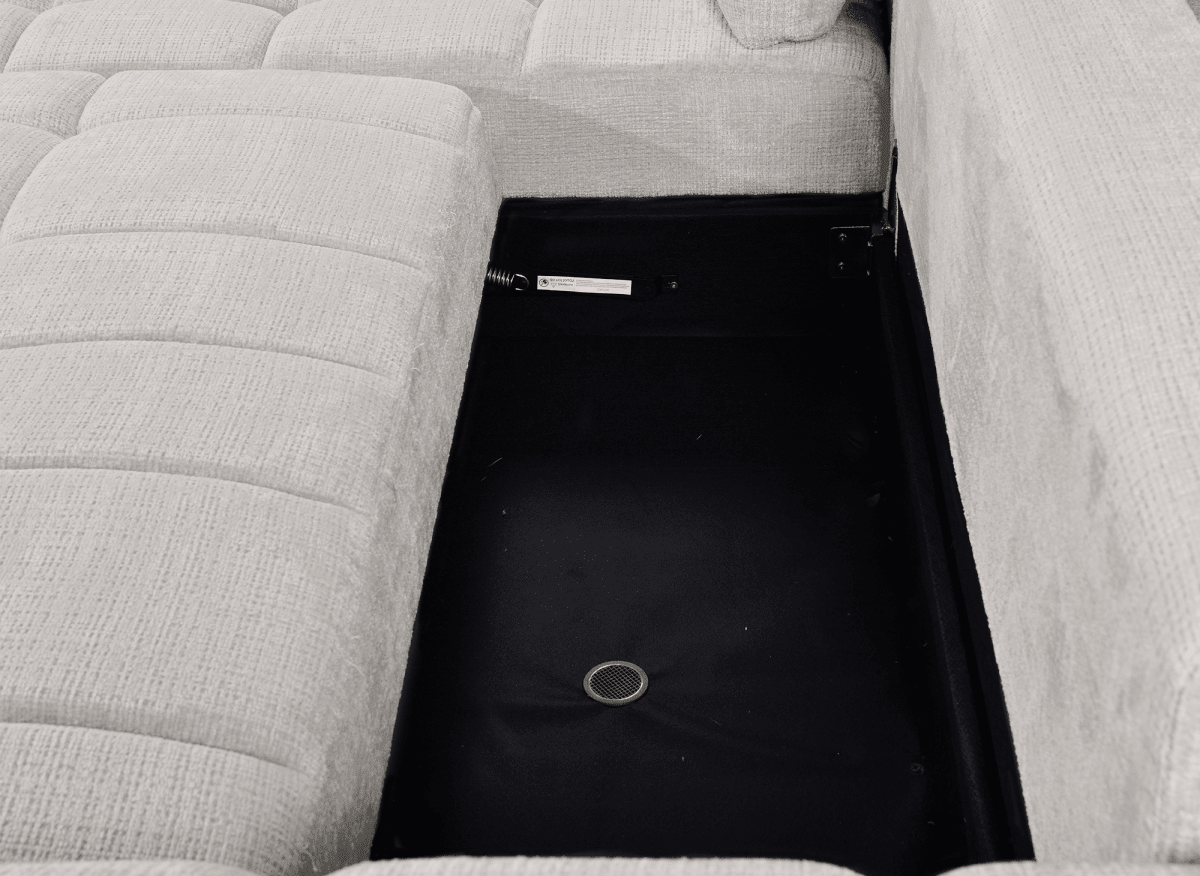 Canapé d'angle convertible avec coffre en velours chiné beige MAHLONE - Angle gauche - DécoInParis