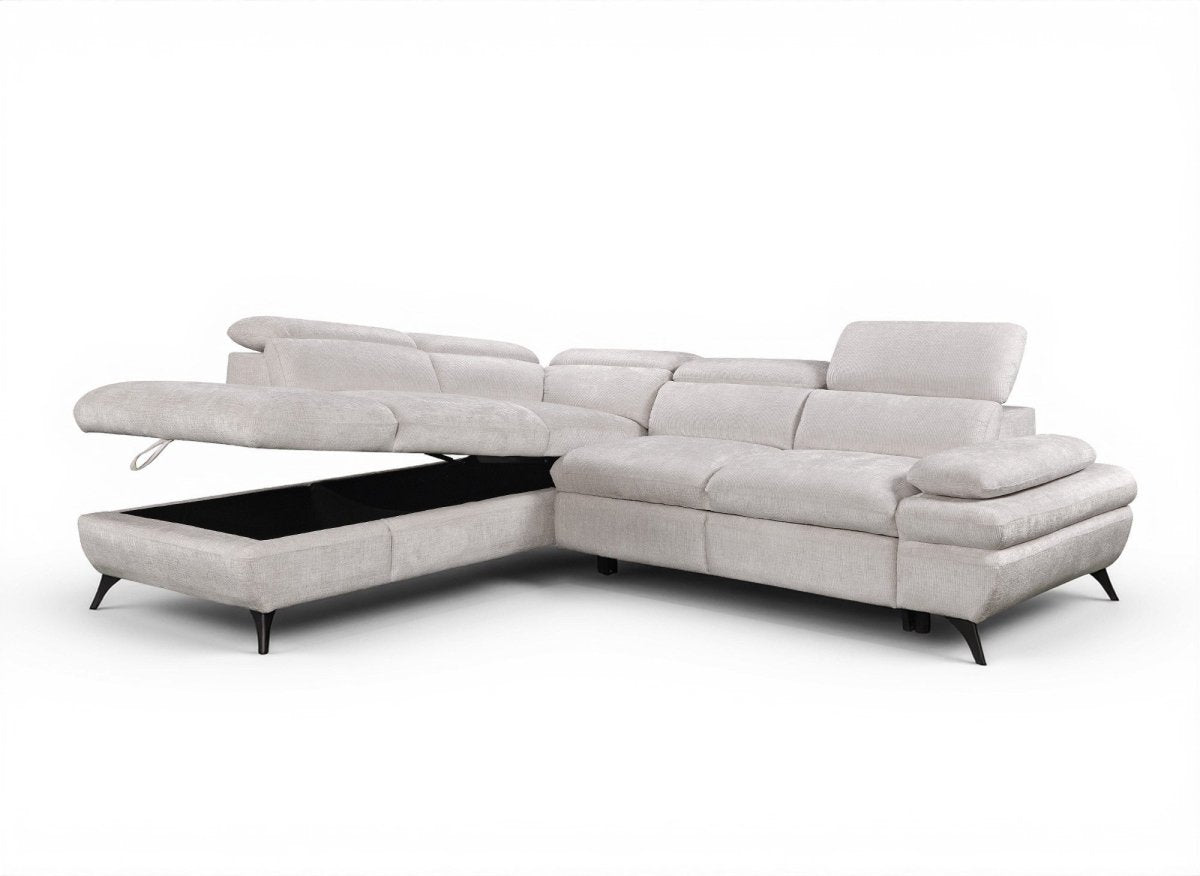 Canapé d'angle convertible avec coffre en velours chiné blanc écru LUFY - Angle gauche - DécoInParis