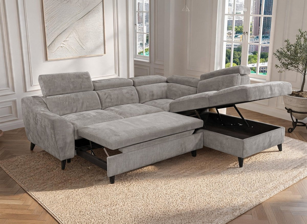 Canapé d'angle convertible avec coffre en velours chiné gris DALTON - Angle droit - DécoInParis
