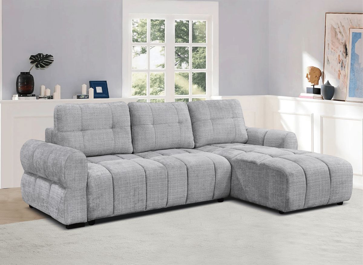 Canapé d'angle convertible avec coffre en velours chiné gris MAHLONE - Angle droit - DécoInParis