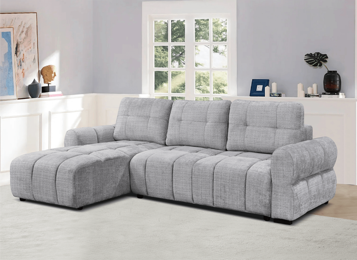 Canapé d'angle convertible avec coffre en velours chiné gris MAHLONE - Angle gauche - DécoInParis