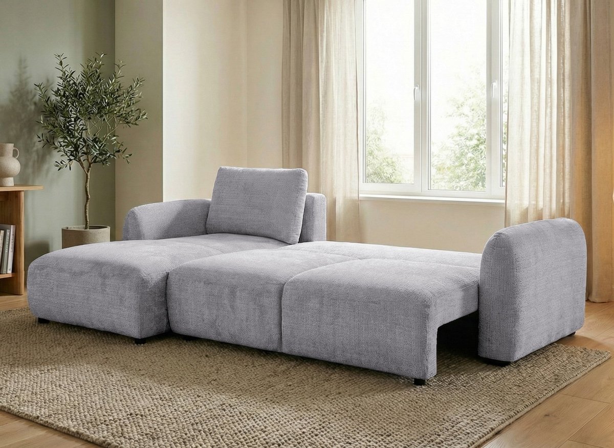 Canapé d'angle convertible avec coffre en velours chiné gris MARLA - Angle gauche - DécoInParis