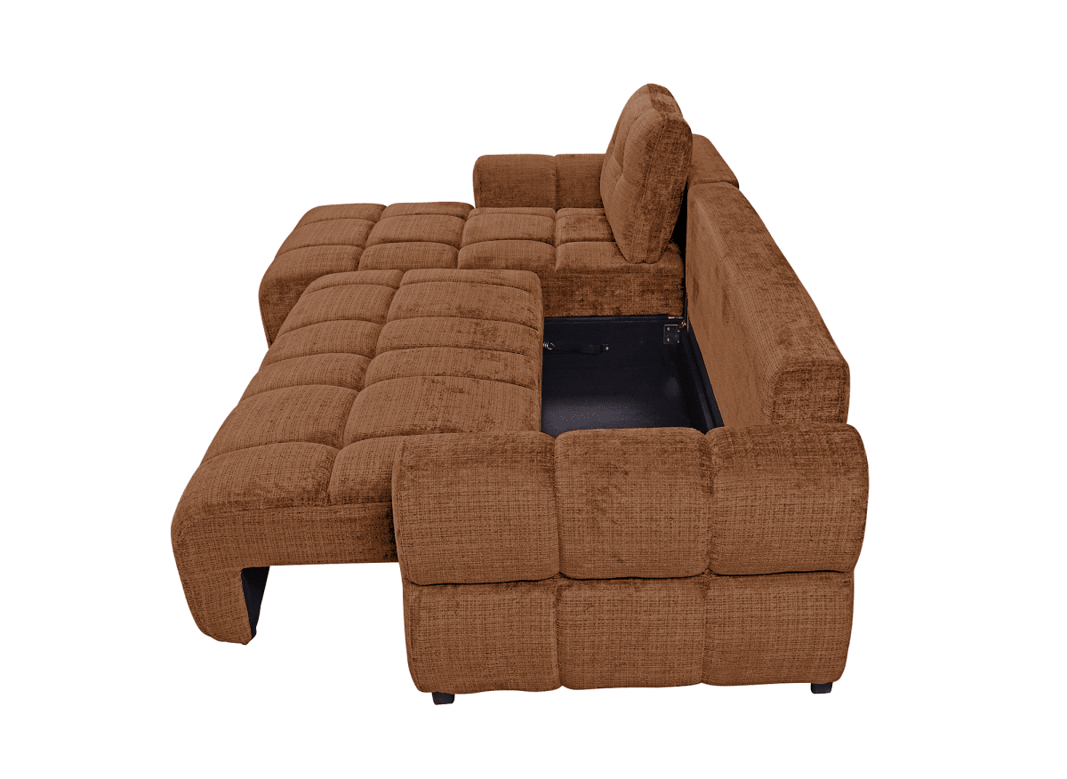 Canapé d'angle convertible avec coffre en velours chiné terracotta MAHLONE - Angle gauche - DécoInParis