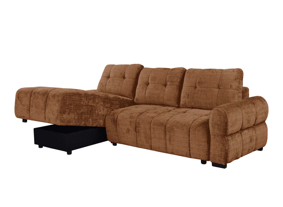 Canapé d'angle convertible avec coffre en velours chiné terracotta MAHLONE - Angle gauche - DécoInParis