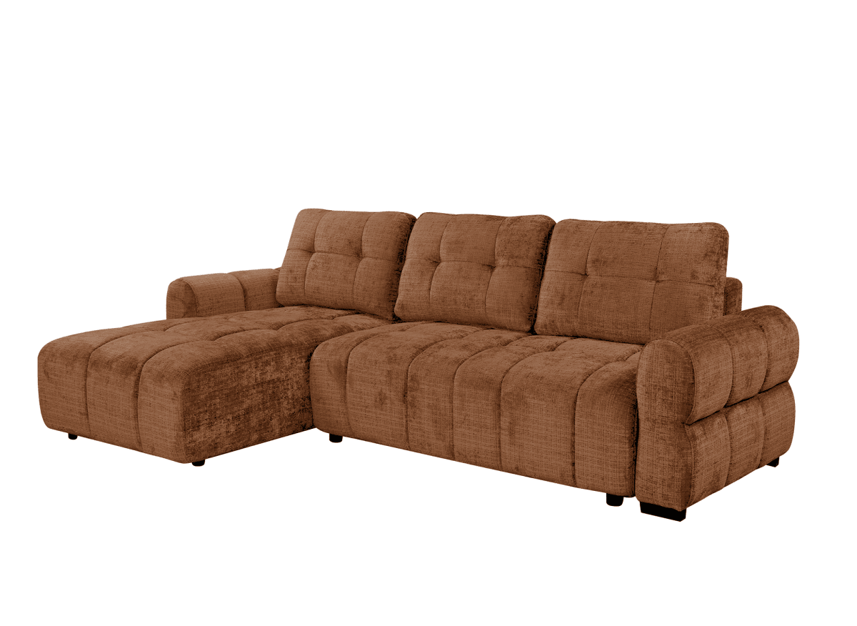 Canapé d'angle convertible avec coffre en velours chiné terracotta MAHLONE - Angle gauche - DécoInParis