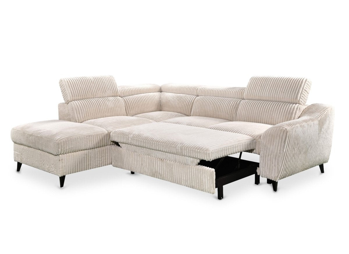 Canapé d'angle convertible avec coffre en velours côtelé épais beige DALTON - Angle gauche - DécoInParis