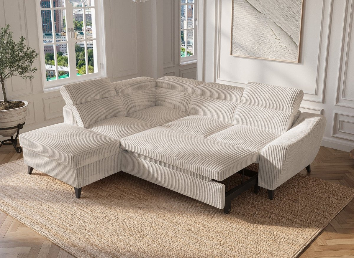 Canapé d'angle convertible avec coffre en velours côtelé épais beige DALTON - Angle gauche - DécoInParis