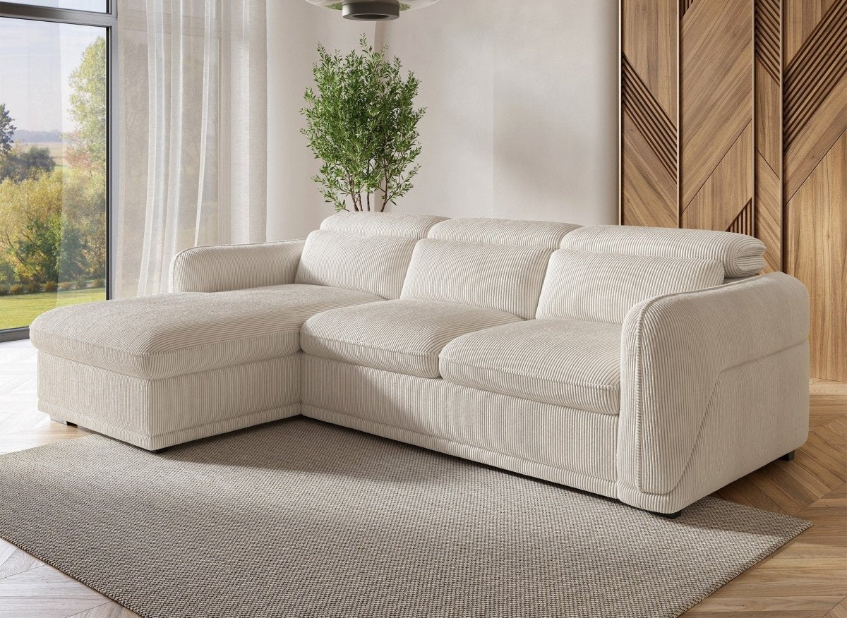 Canapé d'angle convertible avec coffre en velours côtelé épais beige PETUNIA - Angle gauche - DécoInParis