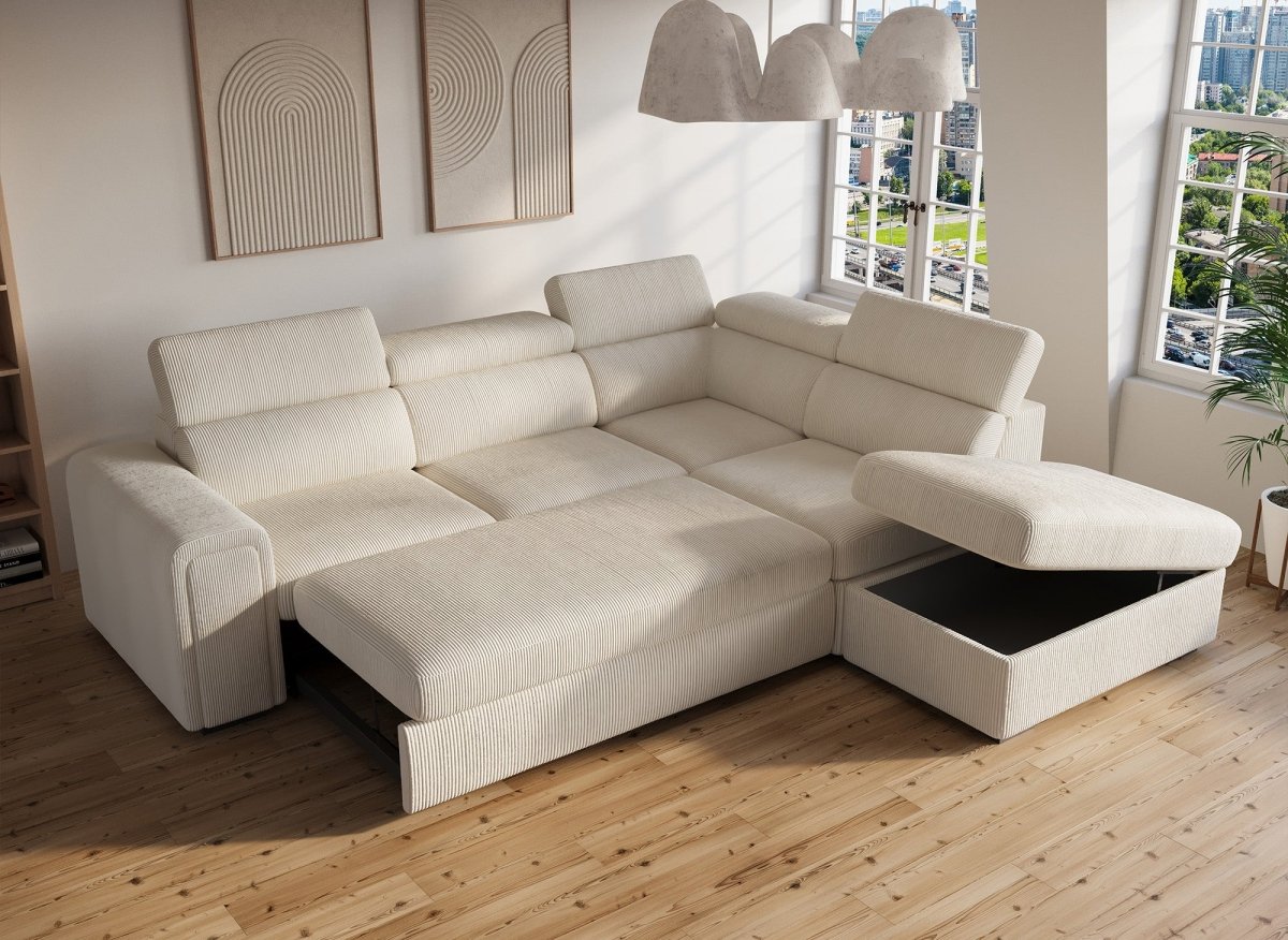 Canapé d'angle convertible avec coffre en velours côtelé épais beige ZENOVA - Angle droit - DécoInParis