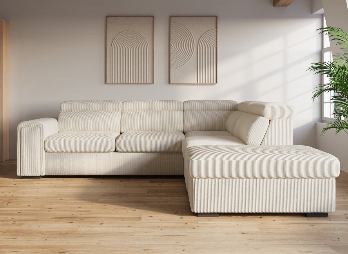 Canapé d'angle convertible avec coffre en velours côtelé épais beige ZENOVA - Angle droit - DécoInParis