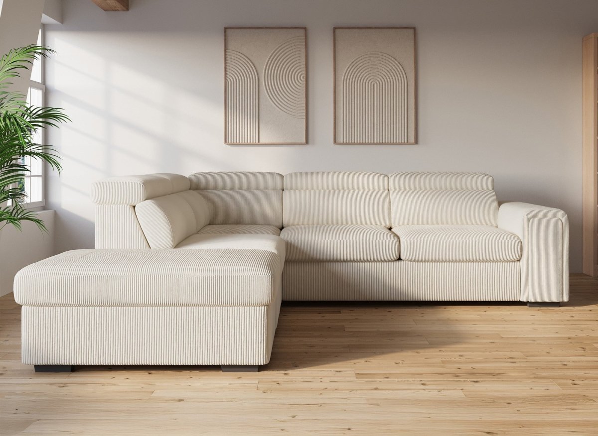 Canapé d'angle convertible avec coffre en velours côtelé épais beige ZENOVA - Angle gauche - DécoInParis