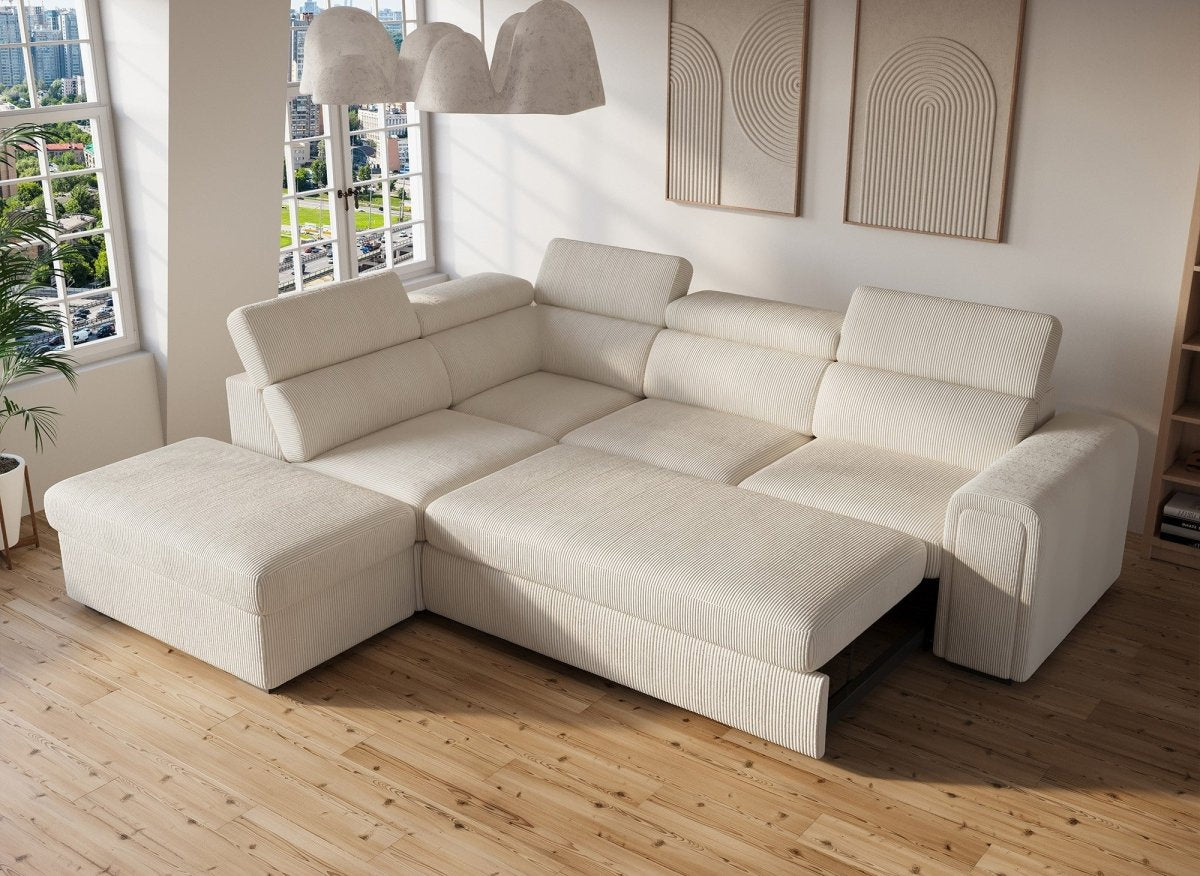 Canapé d'angle convertible avec coffre en velours côtelé épais beige ZENOVA - Angle gauche - DécoInParis