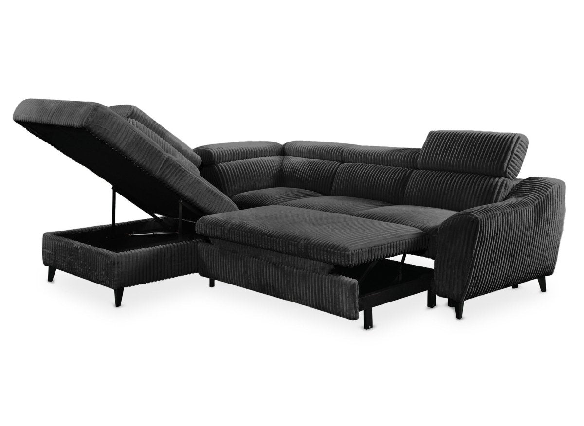 Canapé d'angle convertible avec coffre en velours côtelé épais gris DALTON - Angle gauche - DécoInParis