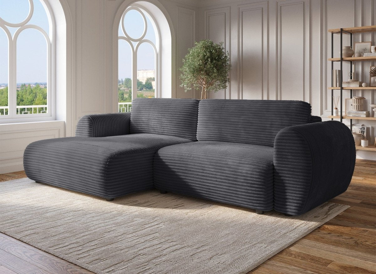 Canapé d'angle convertible avec coffre en velours gros côtelé doux gris TILDA - Angle gauche - DécoInParis