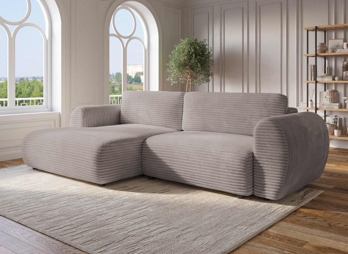 Canapé d'angle convertible avec coffre en velours gros côtelé doux taupe TILDA - Angle gauche - DécoInParis