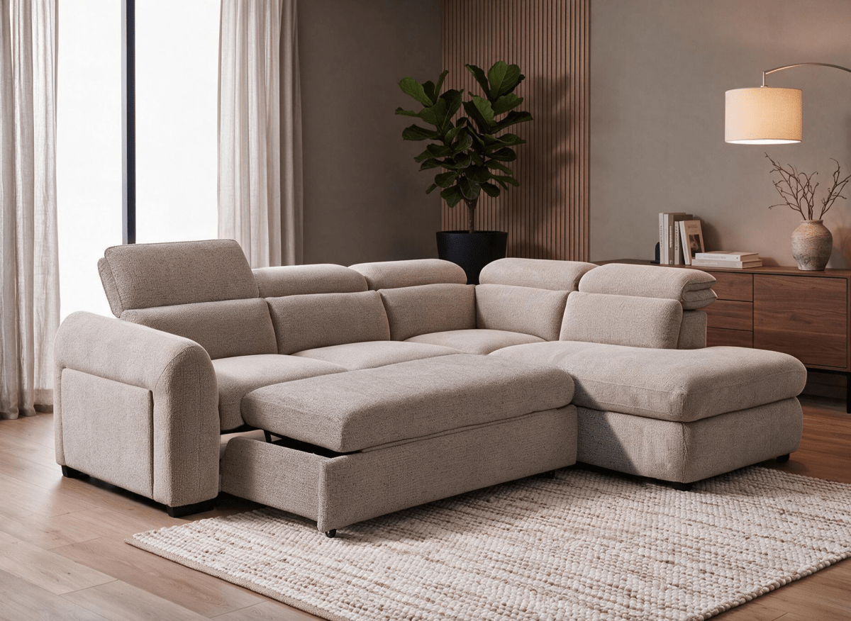 Canapé d'angle convertible avec coffre en velours texturé taupe MADISON - Angle droit - DécoInParis