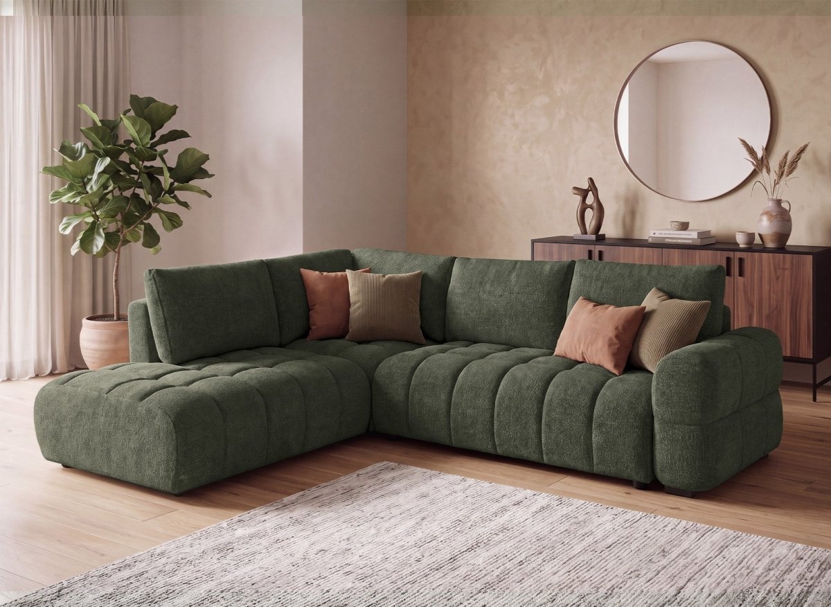 Canapé d'angle convertible avec coffres en velours texturé vert olive NAELIE - Angle gauche - DécoInParis