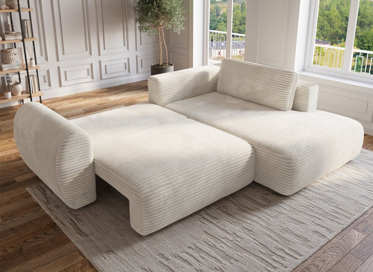 Canapé d'angle convertible avec méridienne et coffre en gros côtelé doux beige TILDA - Angle droit - DécoInParis