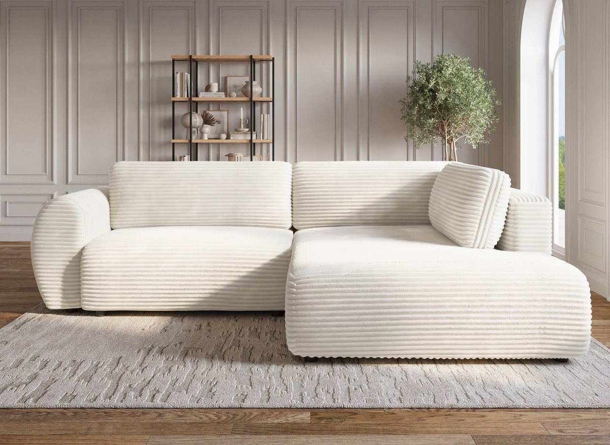 Canapé d'angle convertible avec méridienne et coffre en gros côtelé doux beige TILDA - Angle droit - DécoInParis