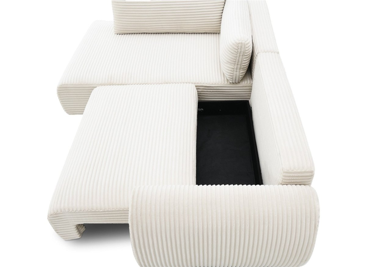 Canapé d'angle convertible avec méridienne et coffre en gros côtelé doux beige TILDA - Angle gauche - DécoInParis