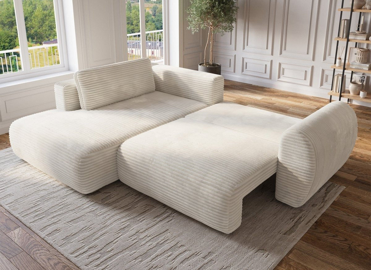 Canapé d'angle convertible avec méridienne et coffre en gros côtelé doux beige TILDA - Angle gauche - DécoInParis