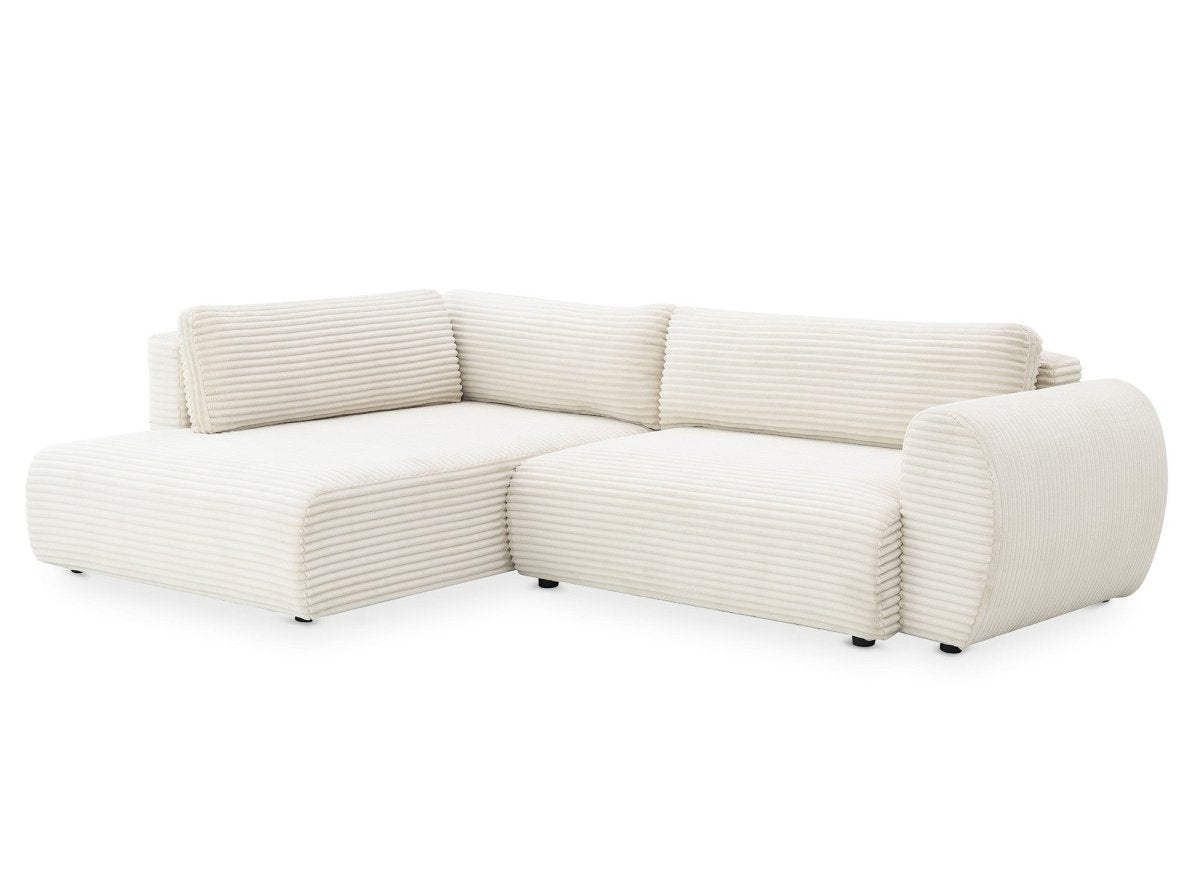 Canapé d'angle convertible avec méridienne et coffre en gros côtelé doux beige TILDA - Angle gauche - DécoInParis