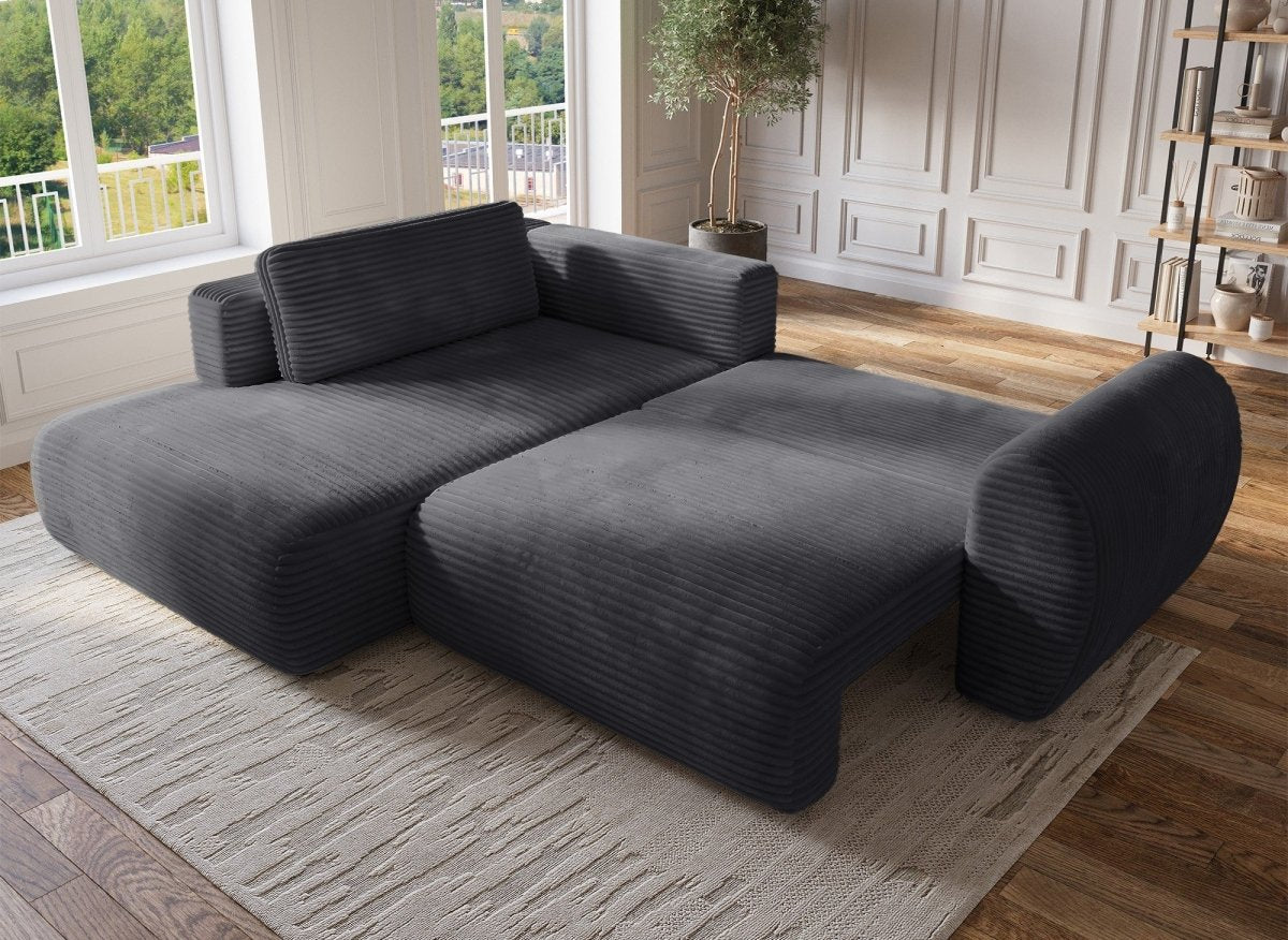 Canapé d'angle convertible avec méridienne et coffre en gros côtelé doux gris TILDA - Angle gauche - DécoInParis