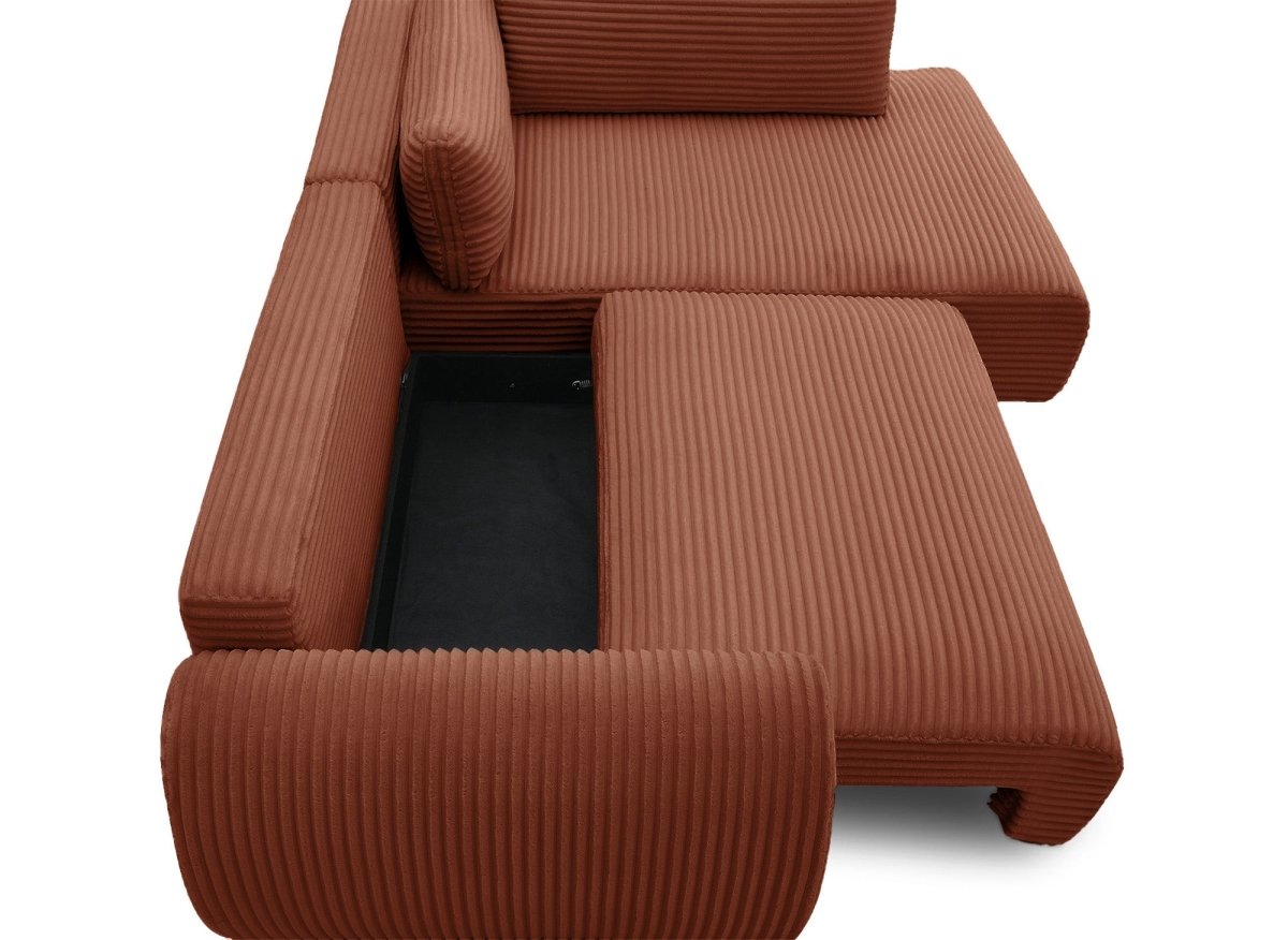 Canapé d'angle convertible avec méridienne et coffre en gros côtelé terracotta TILDA - Angle droit - DécoInParis