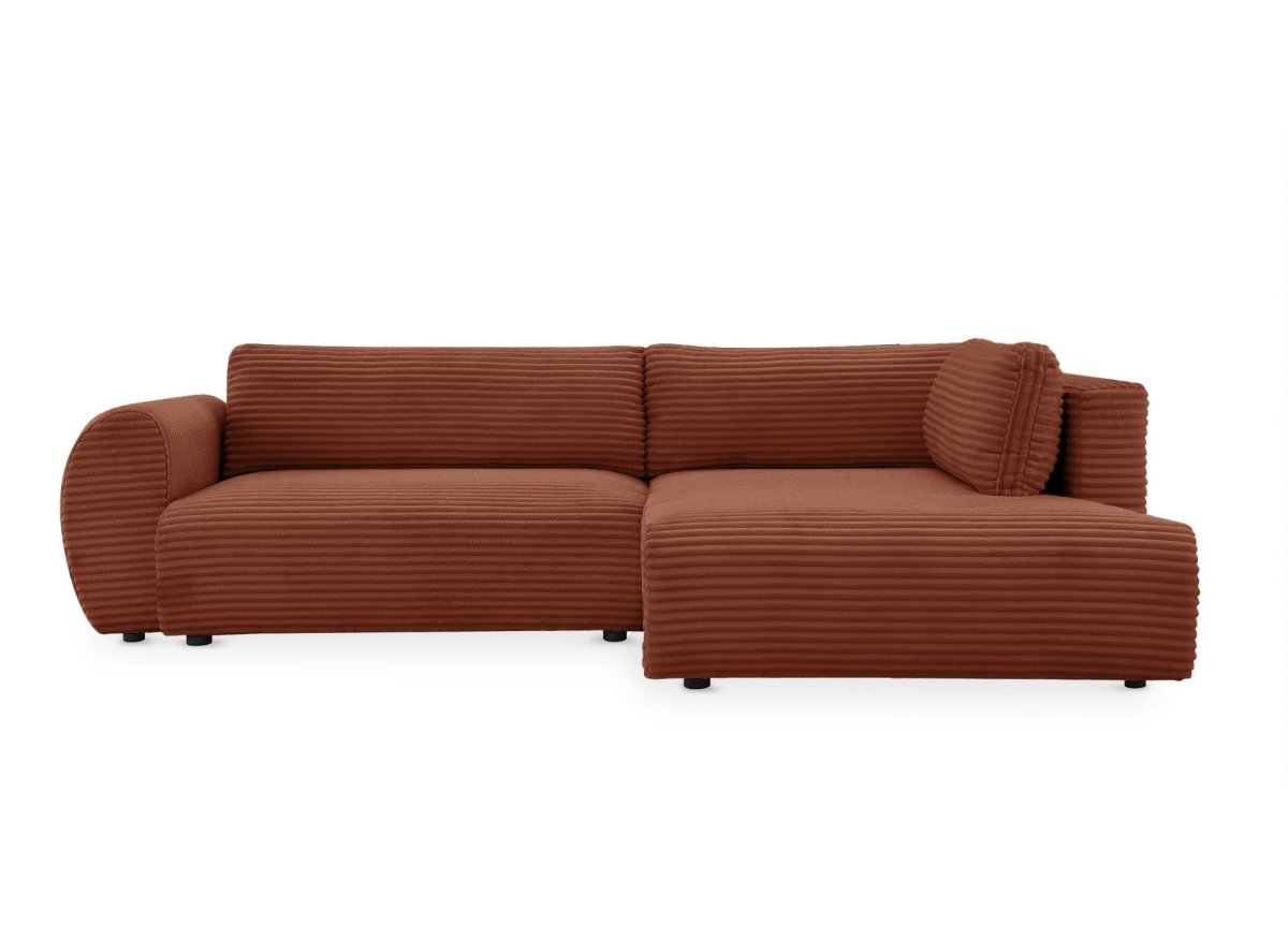 Canapé d'angle convertible avec méridienne et coffre en gros côtelé terracotta TILDA - Angle droit - DécoInParis