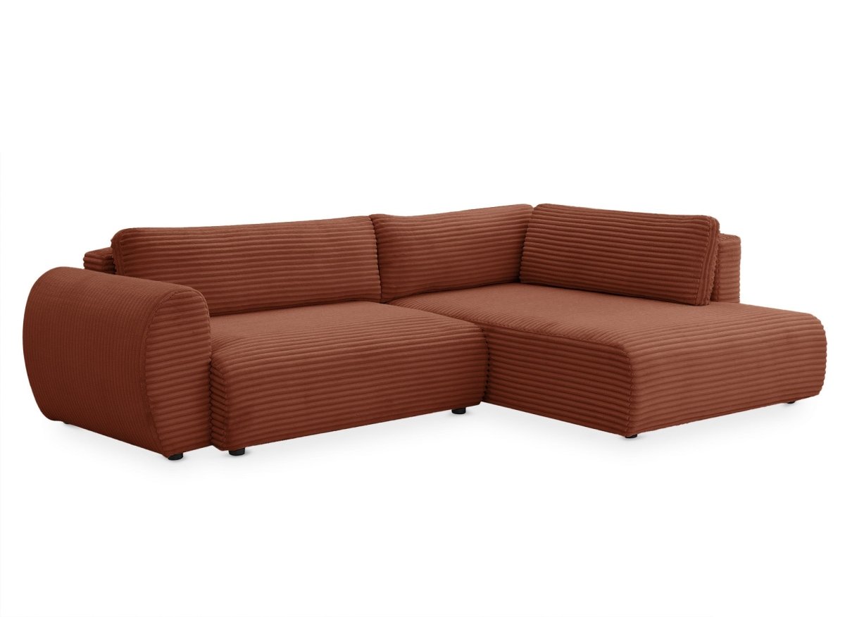 Canapé d'angle convertible avec méridienne et coffre en gros côtelé terracotta TILDA - Angle droit - DécoInParis