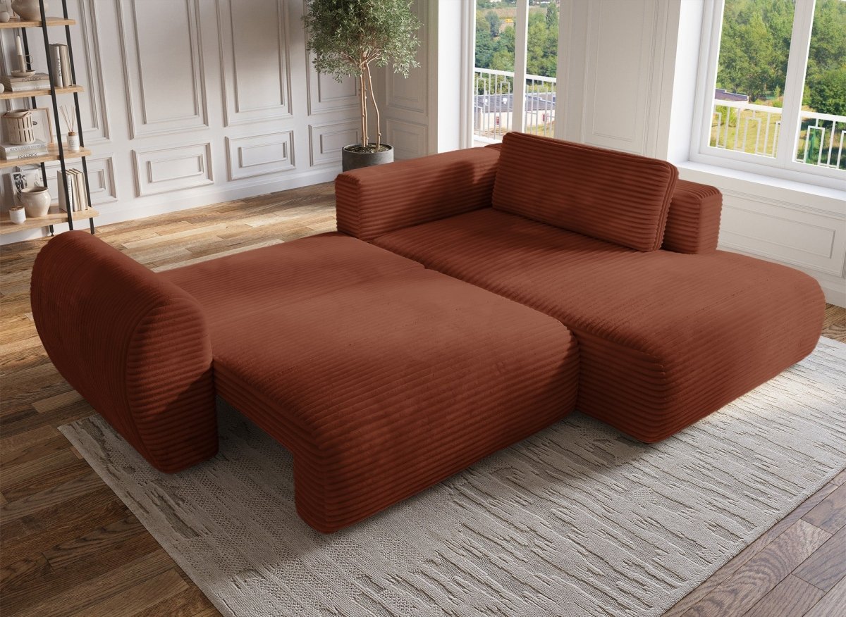 Canapé d'angle convertible avec méridienne et coffre en gros côtelé terracotta TILDA - Angle droit - DécoInParis