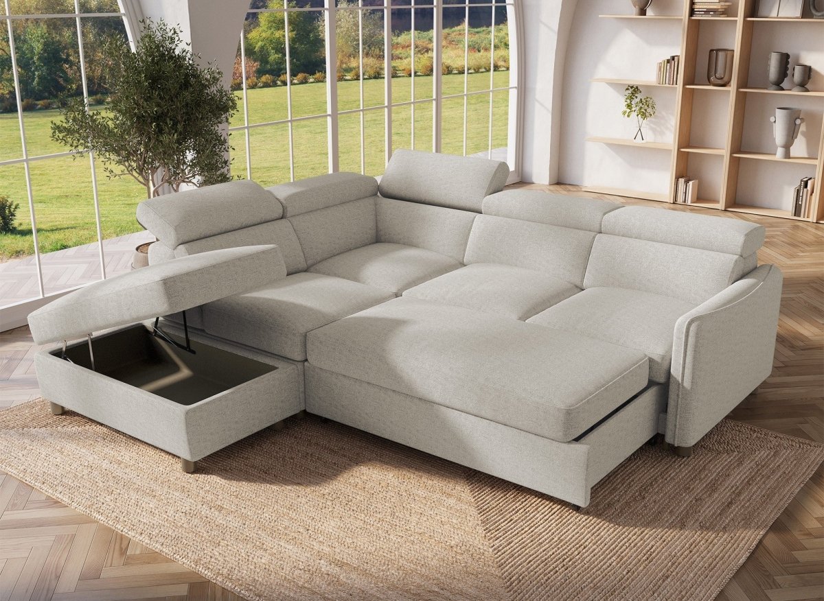 Canapé d'angle convertible en tissu beige NAIROBI - Angle gauche - DécoInParis