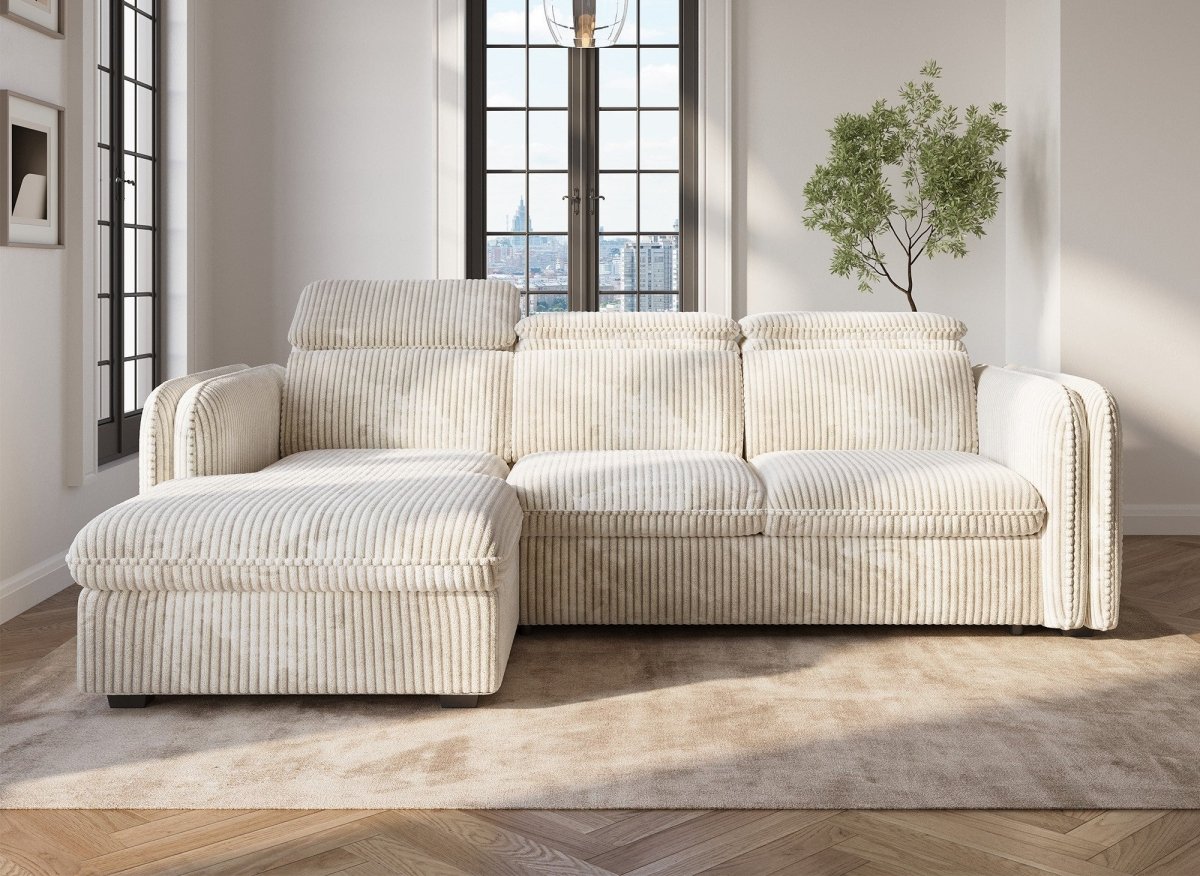 Canapé d'angle convertible en velours côtelé épais beige ISABELLA - Angle gauche - DécoInParis