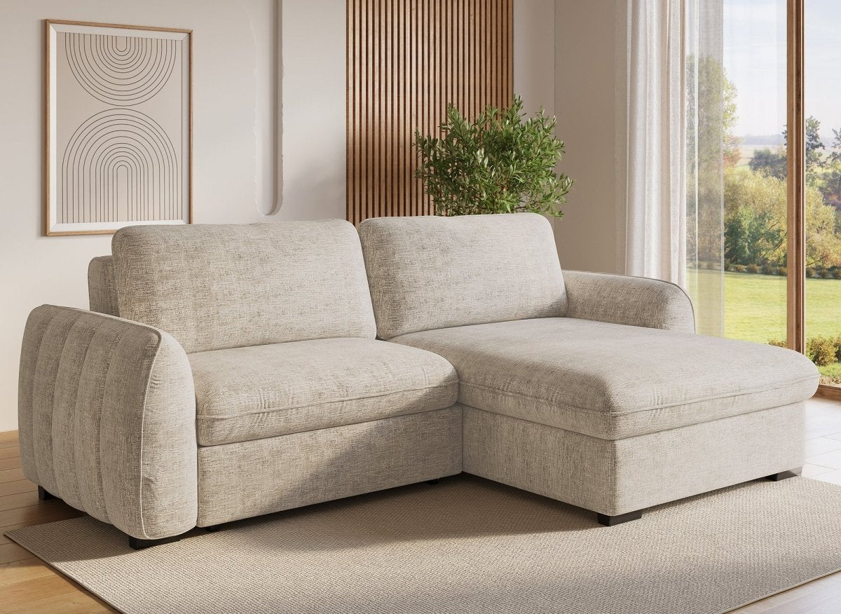Canapé d'angle convertible et réversible avec coffre en velours chiné beige LIORA - DécoInParis