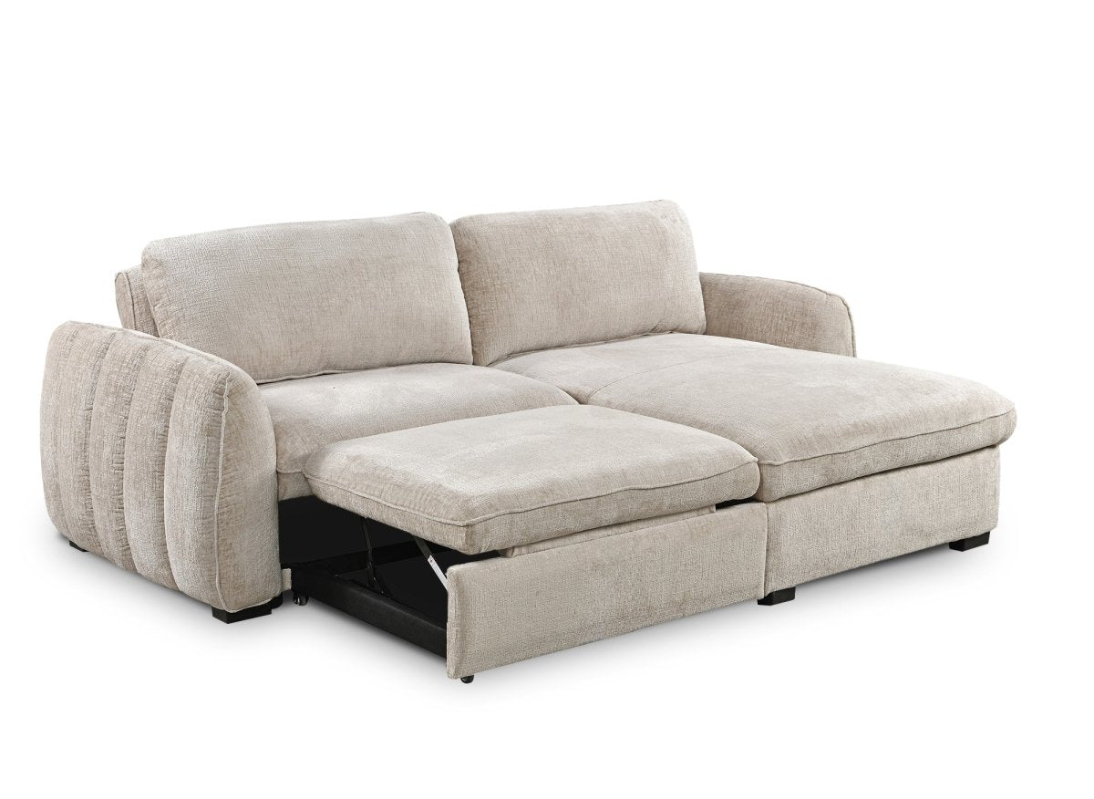 Canapé d'angle convertible et réversible avec coffre en velours chiné beige LIORA - DécoInParis