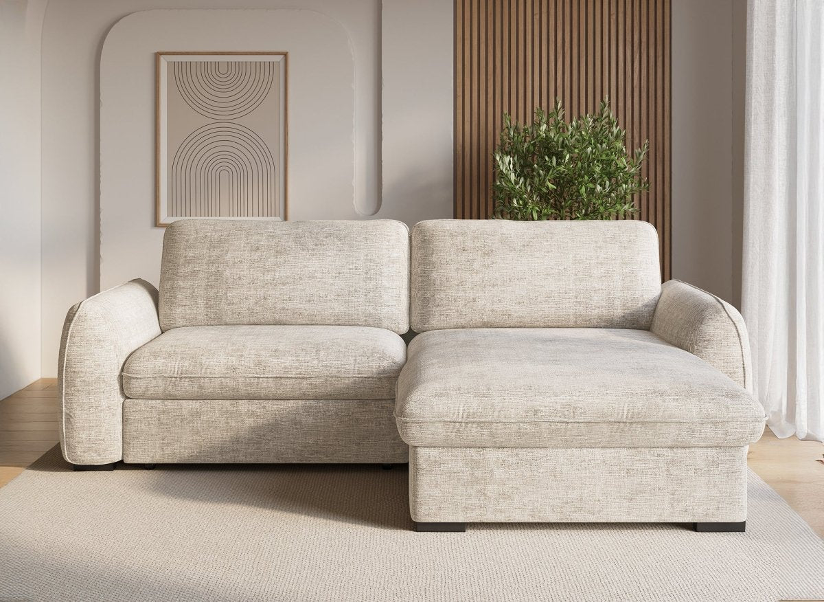 Canapé d'angle convertible et réversible avec coffre en velours chiné beige LIORA - DécoInParis