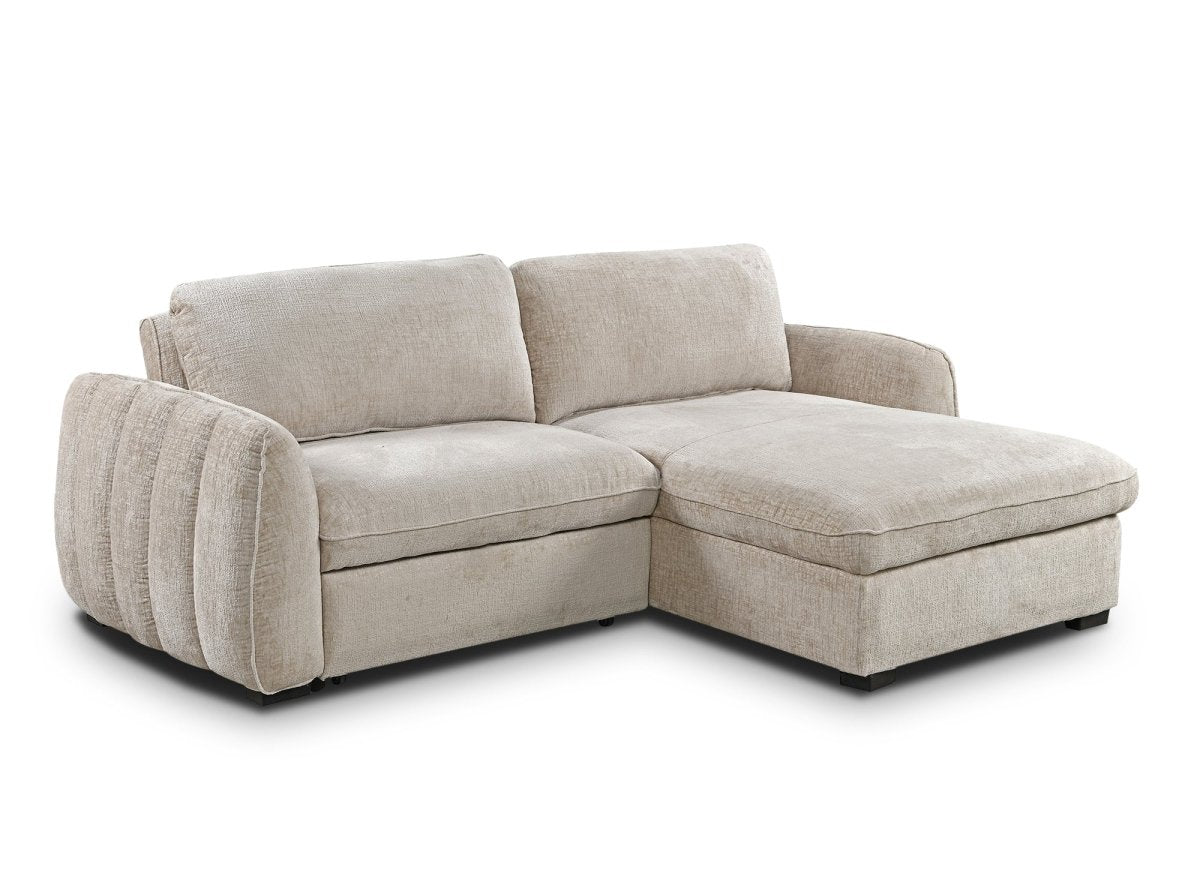 Canapé d'angle convertible et réversible avec coffre en velours chiné beige LIORA - DécoInParis