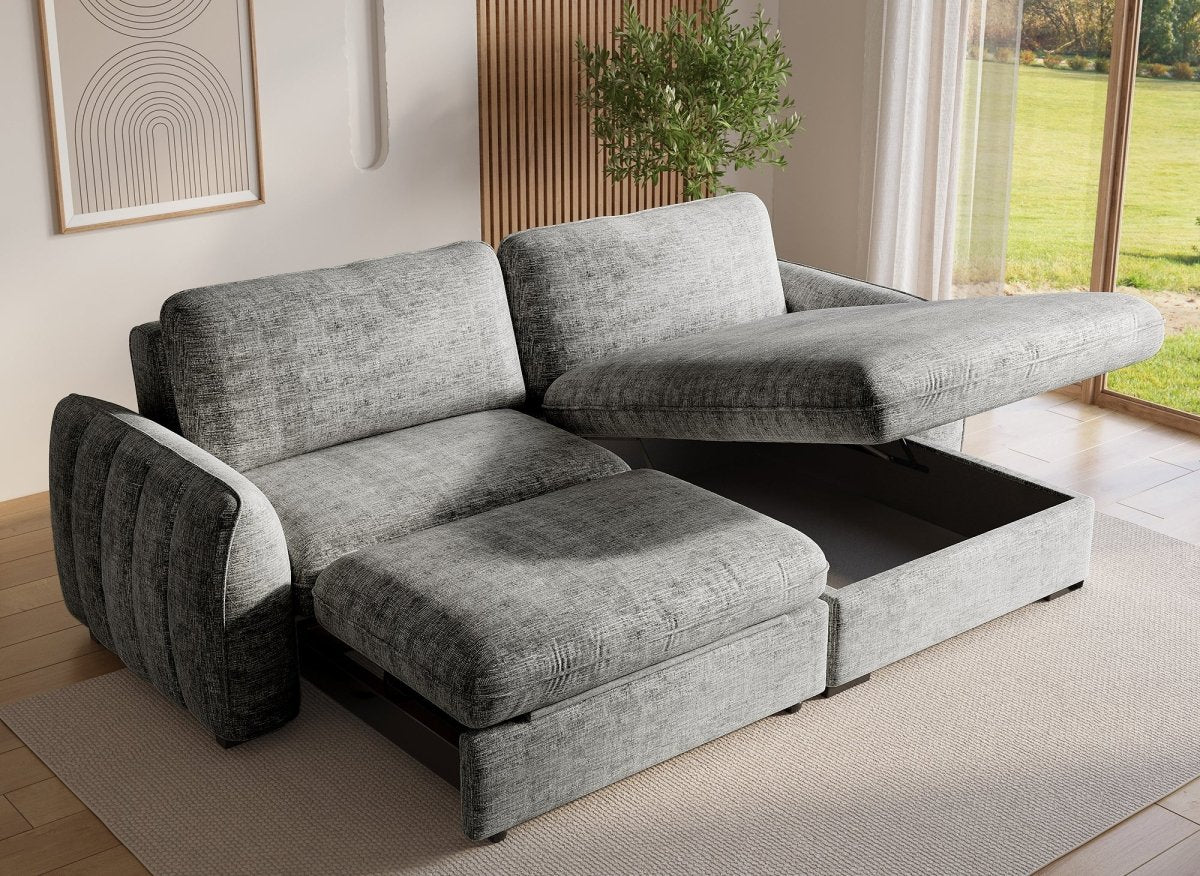 Canapé d'angle convertible et réversible avec coffre en velours chiné gris LIORA - DécoInParis