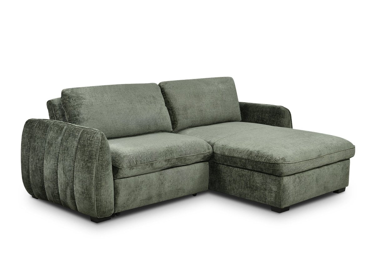 Canapé d'angle convertible et réversible avec coffre en velours chiné vert kaki LIORA - DécoInParis