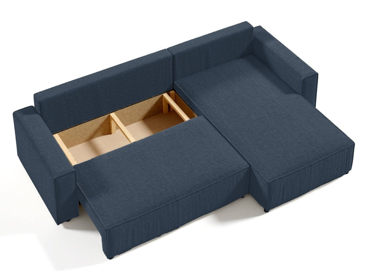 Canapé d'angle convertible et réversible avec coffre en velours cotelé bleu foncé - JADE - DécoInParis