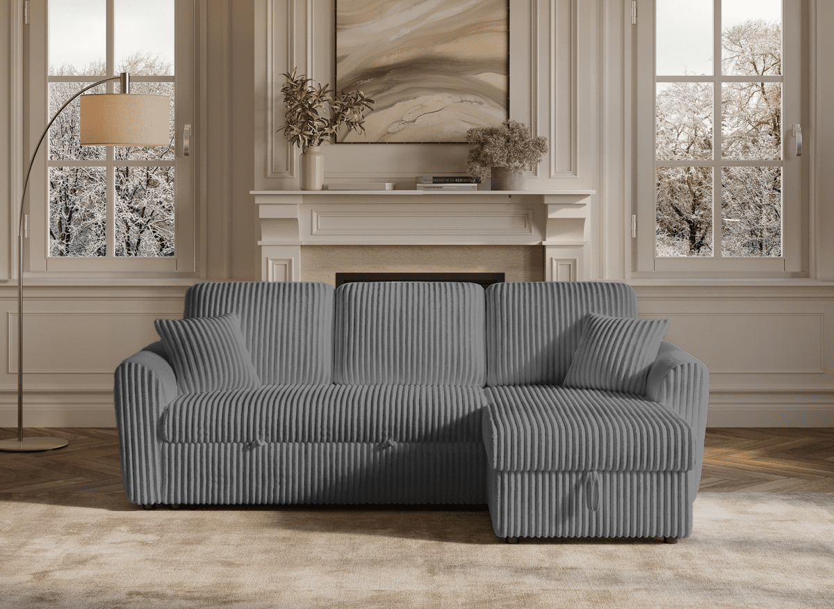 Canapé d'angle convertible et réversible avec coffre en velours côtelé épais gris ADRYEN - DécoInParis