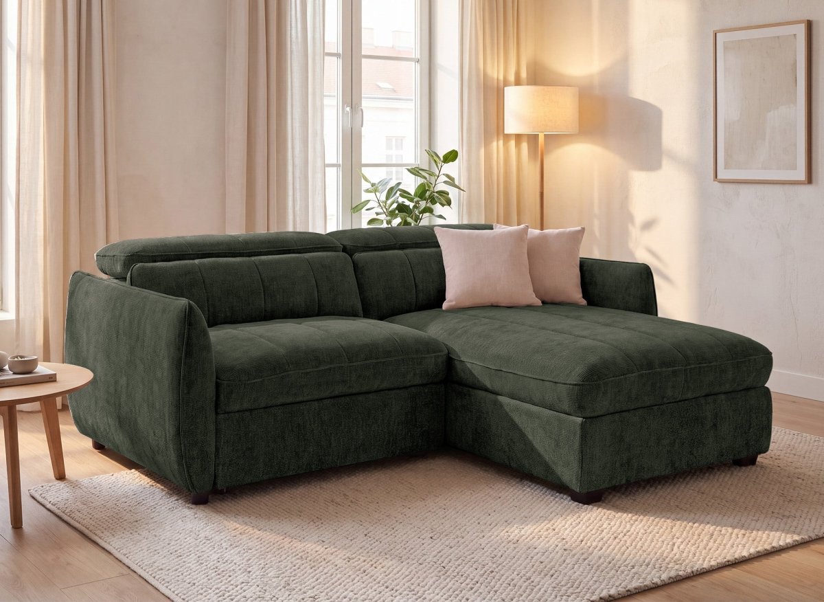 Canapé d'angle convertible et réversible avec coffre en velours tissé vert olive MADALENA - DécoInParis