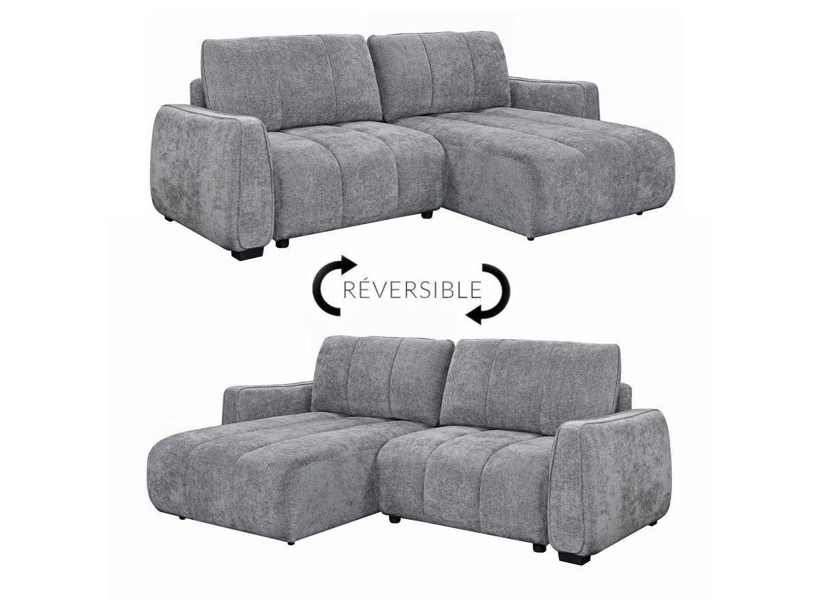 Canapé d'angle convertible et réversible avec coffres en velours texturé gris MAGHLA - DécoInParis