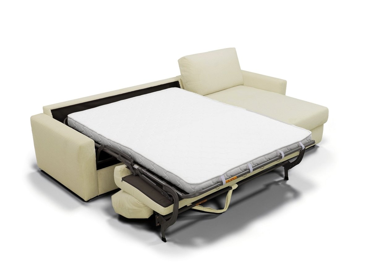 Canapé d'angle convertible et réversible ouverture express en velours chiné beige JULIETTE - DécoInParis