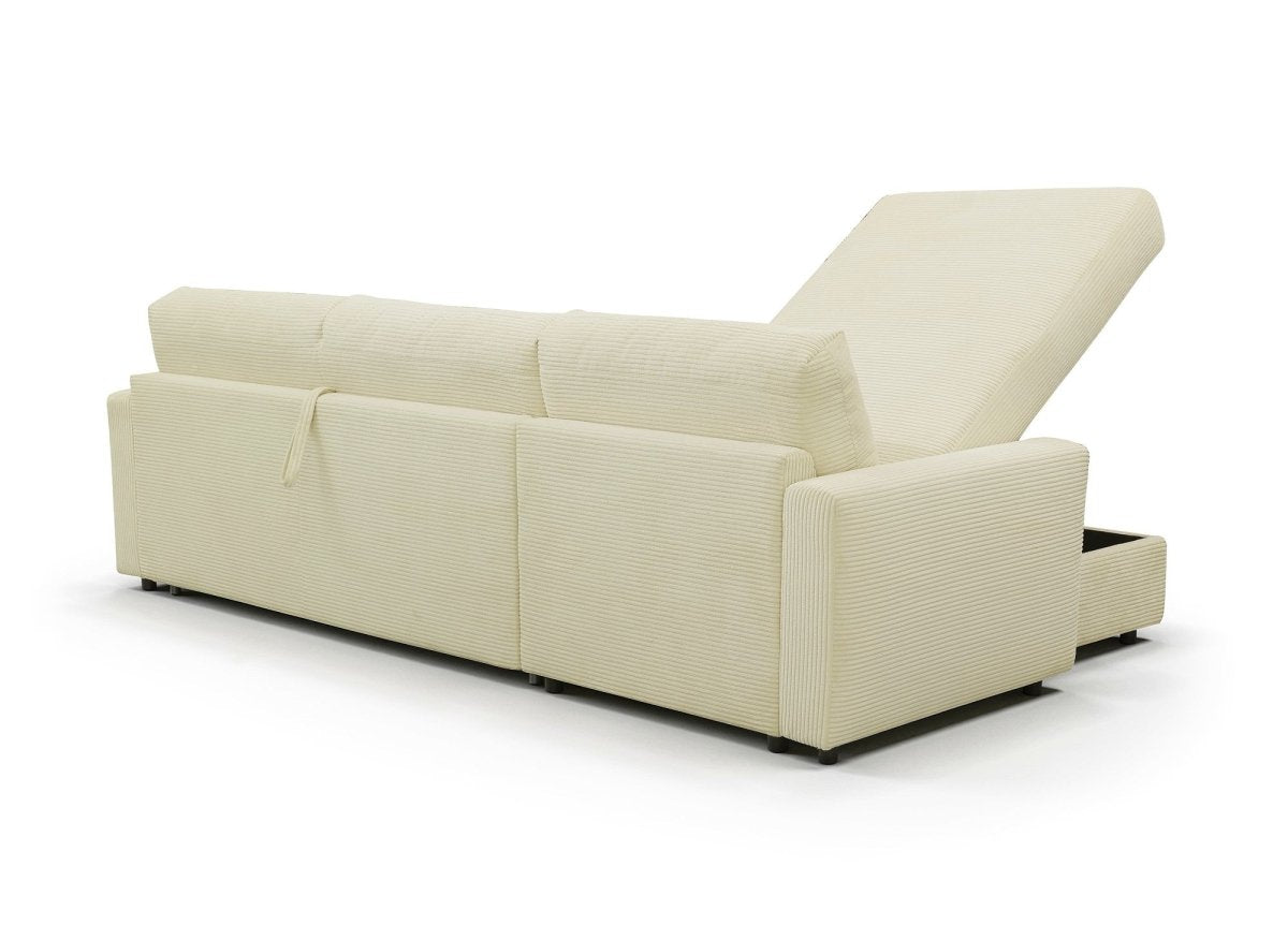 Canapé d'angle convertible et réversible ouverture express en velours chiné beige JULIETTE - DécoInParis