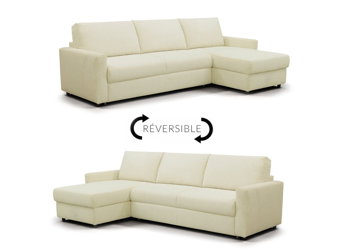 Canapé d'angle convertible et réversible ouverture express en velours côtelé beige JULIETTE - DécoInParis