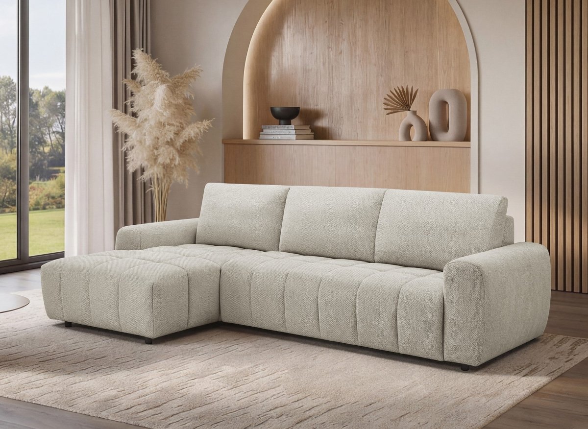 Canapé d'angle convertible ouverture express en tissu beige AGATHE - Angle gauche - DécoInParis