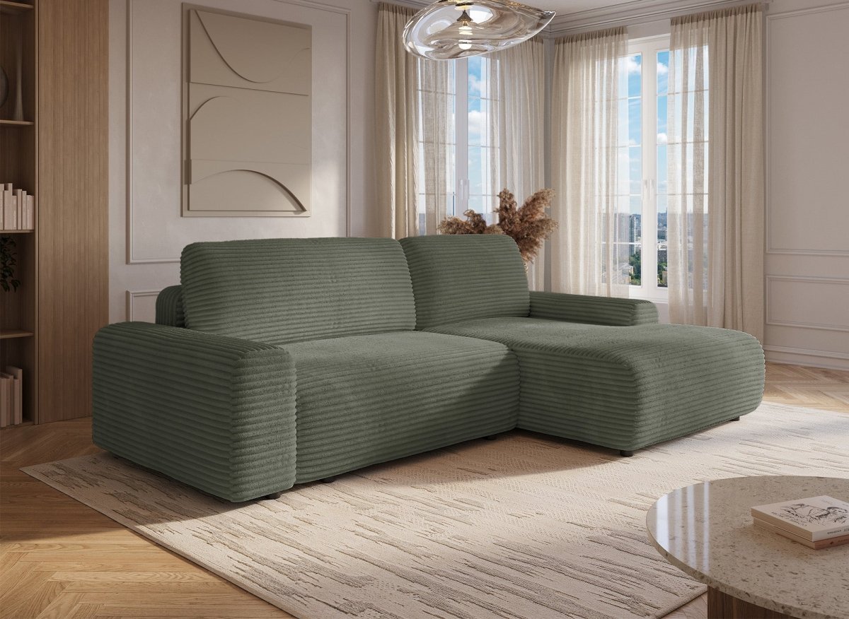 Canapé d'angle droit convertible avec coffre en velours côtelé épais vert kaki BALI - Angle droit - DécoInParis