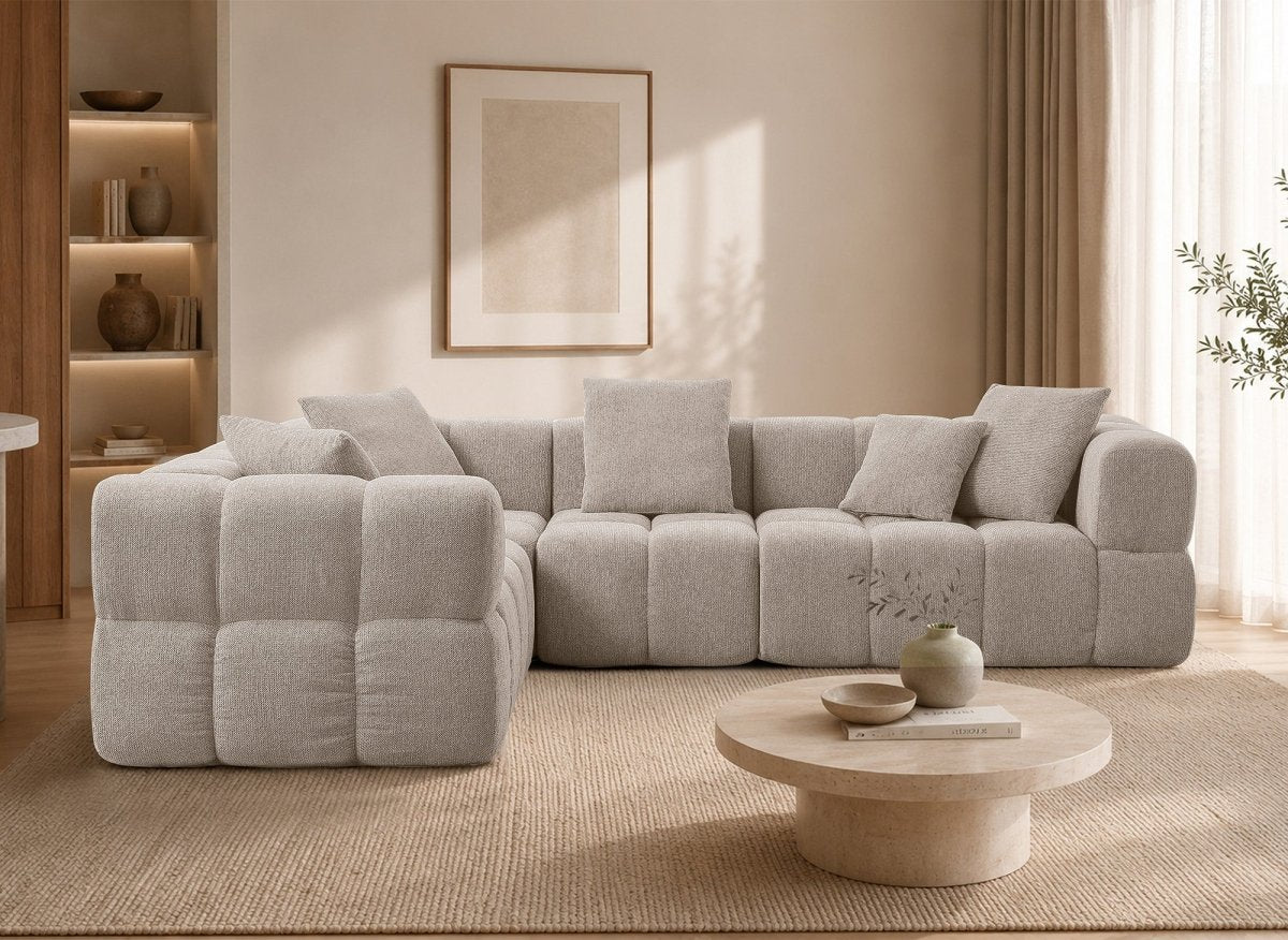 Canapé d'angle en velours texturé beige REBECCA - DécoInParis