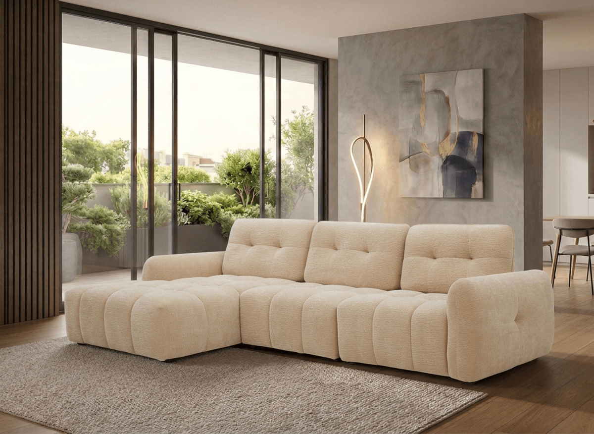 Canapé d'angle en velours tissé beige avec dossier réglable ADONIS - Angle gauche - DécoInParis